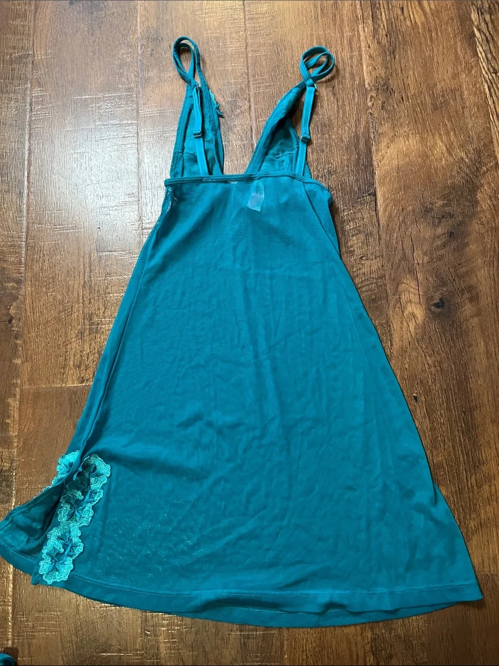 Thalia Sodi Teal Lace-Appliqué Sheer Chemise, Bra and Panty Set